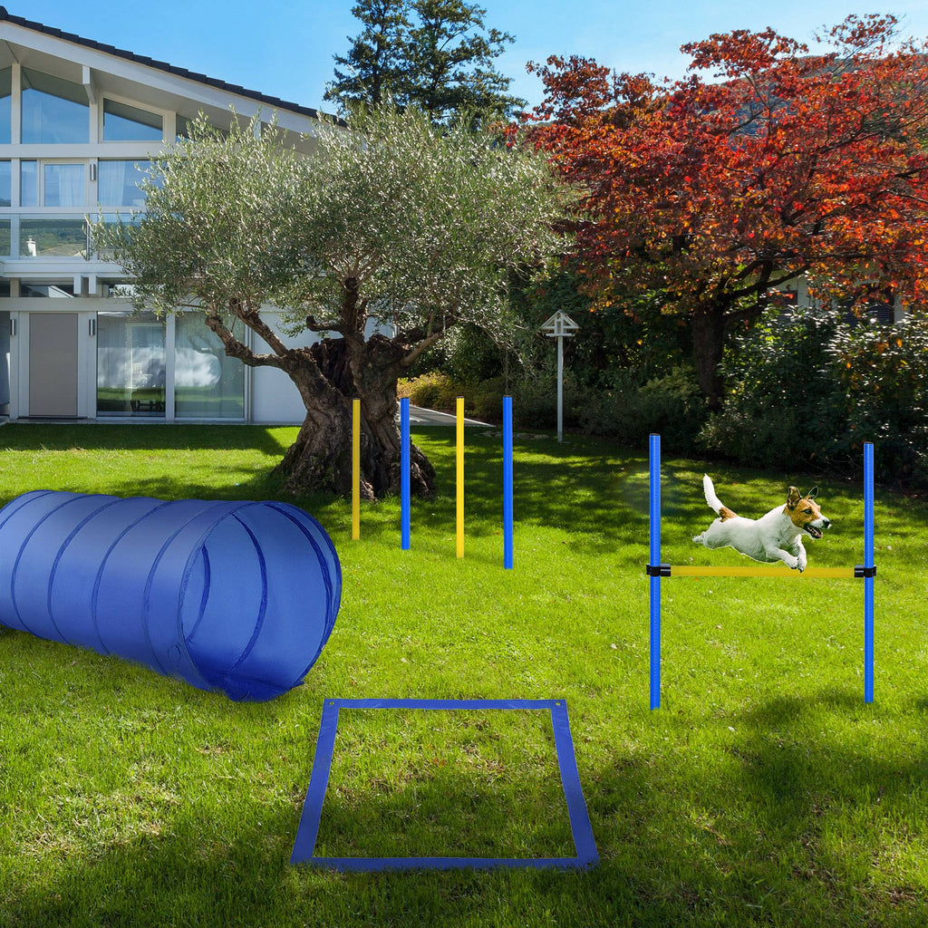 Dog Agility Training Set – Tunnel, Obstacles, Weave Poles & 2 Carry Bags – Blue/Yellow