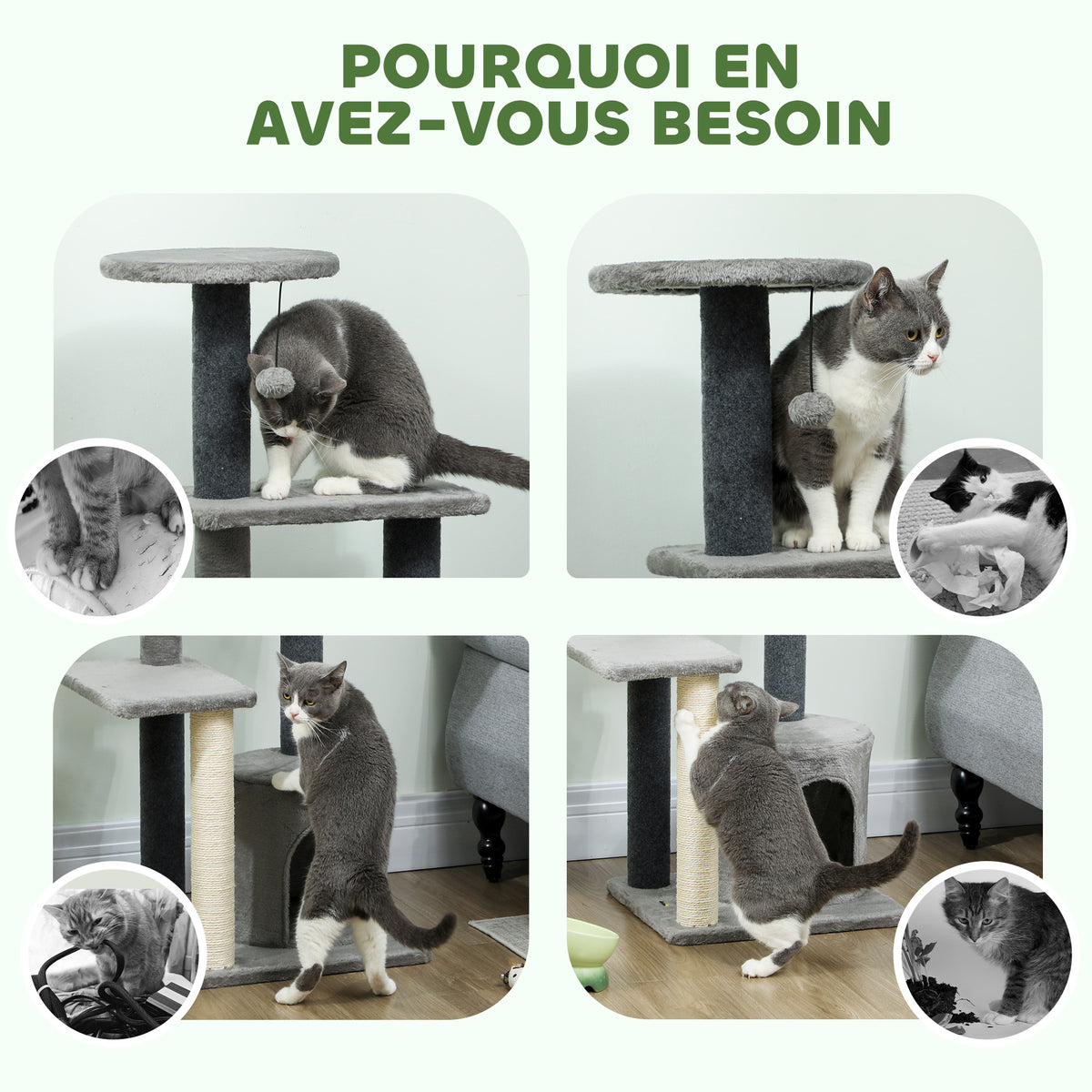 103 cm Cat Tree with Platforms, Plush Hideaway & Sisal Scratching Posts – Grey