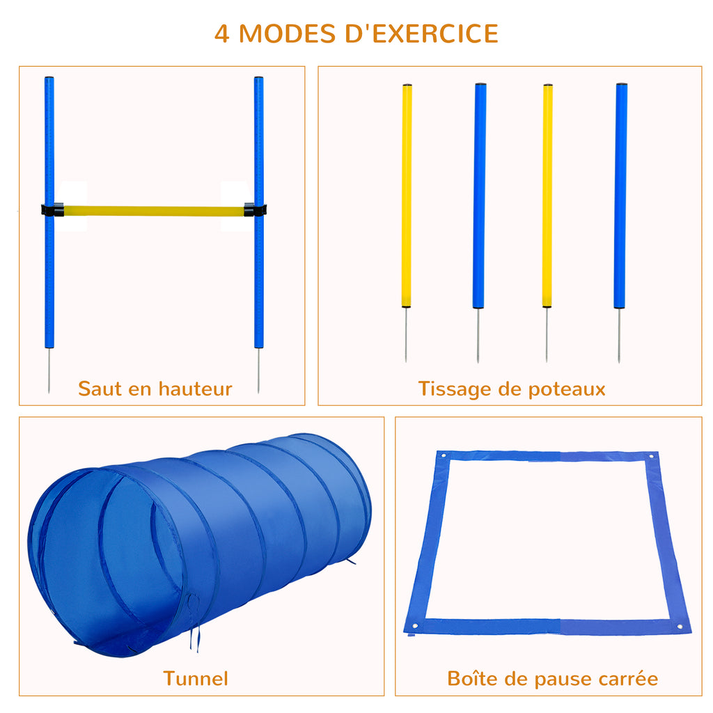 Dog Agility Training Set – Tunnel, Obstacles, Weave Poles & 2 Carry Bags – Blue/Yellow