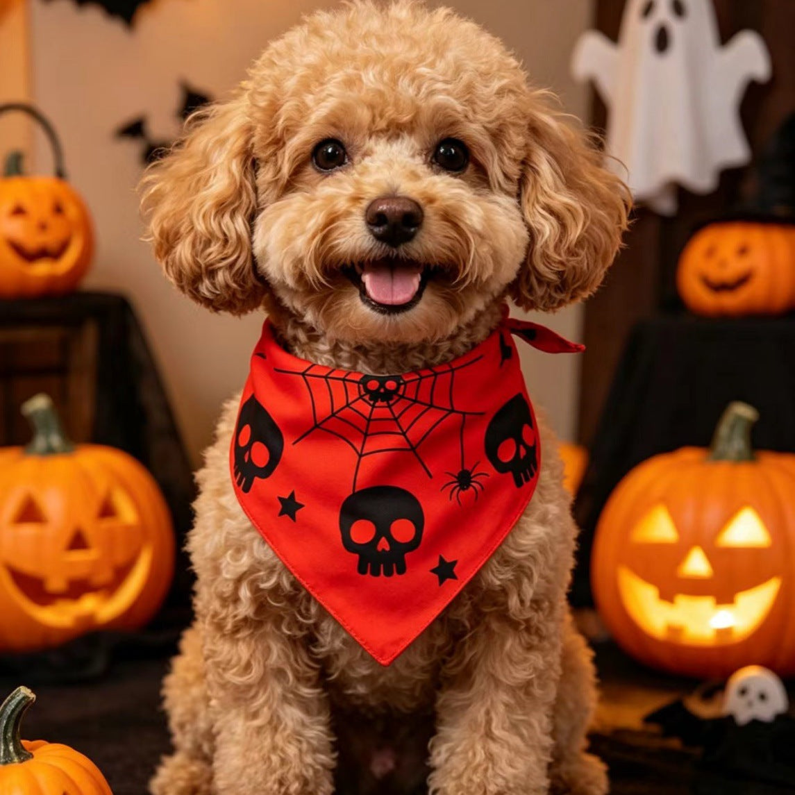Pet Halloween Skull Spiderweb Dog Bandana Pet Saliva Scarf Factory Direct Supply