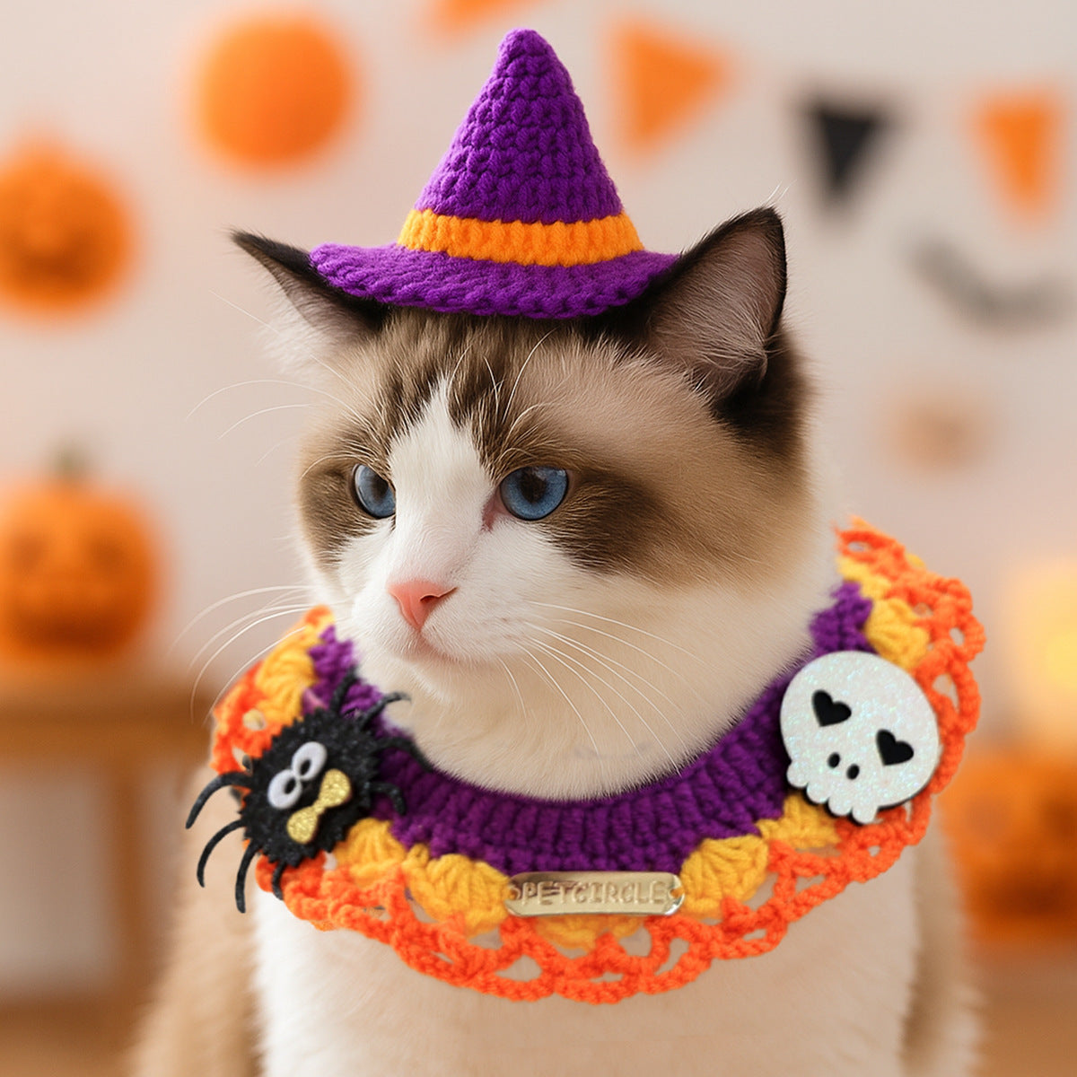 Halloween Knitted Pet Scarf – Pumpkin & Ghost Designs