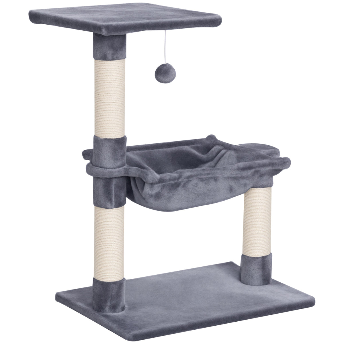 70 cm Cat Tree with 3 Natural Sisal Scratching Posts, Platform, Hammock & Hanging Ball – Grey