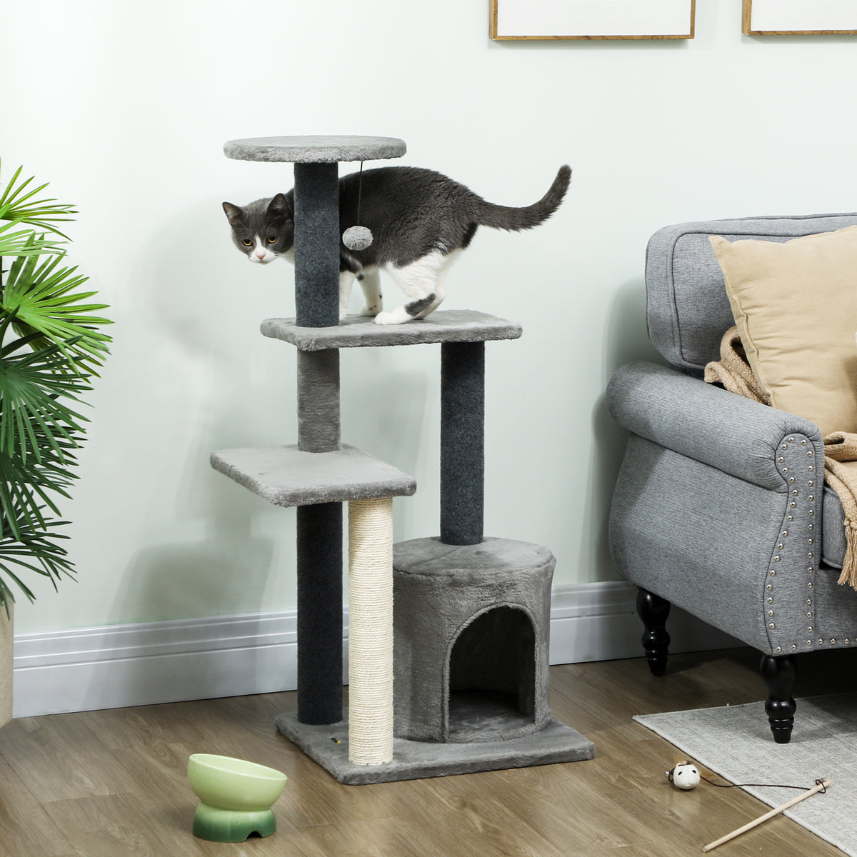 103 cm Cat Tree with Platforms, Plush Hideaway & Sisal Scratching Posts – Grey