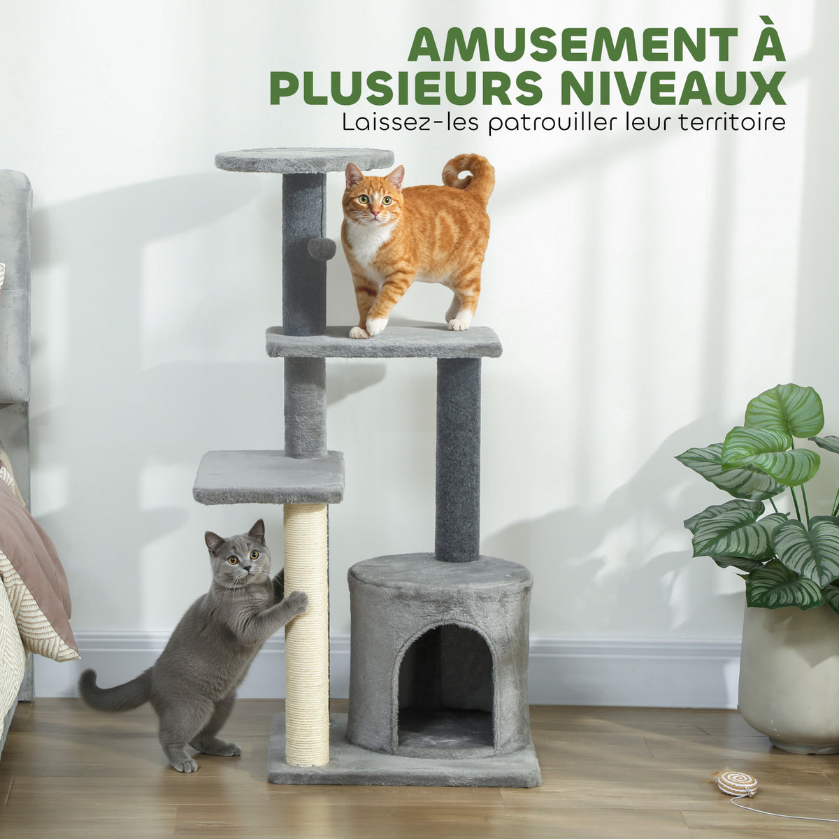 103 cm Cat Tree with Platforms, Plush Hideaway & Sisal Scratching Posts – Grey