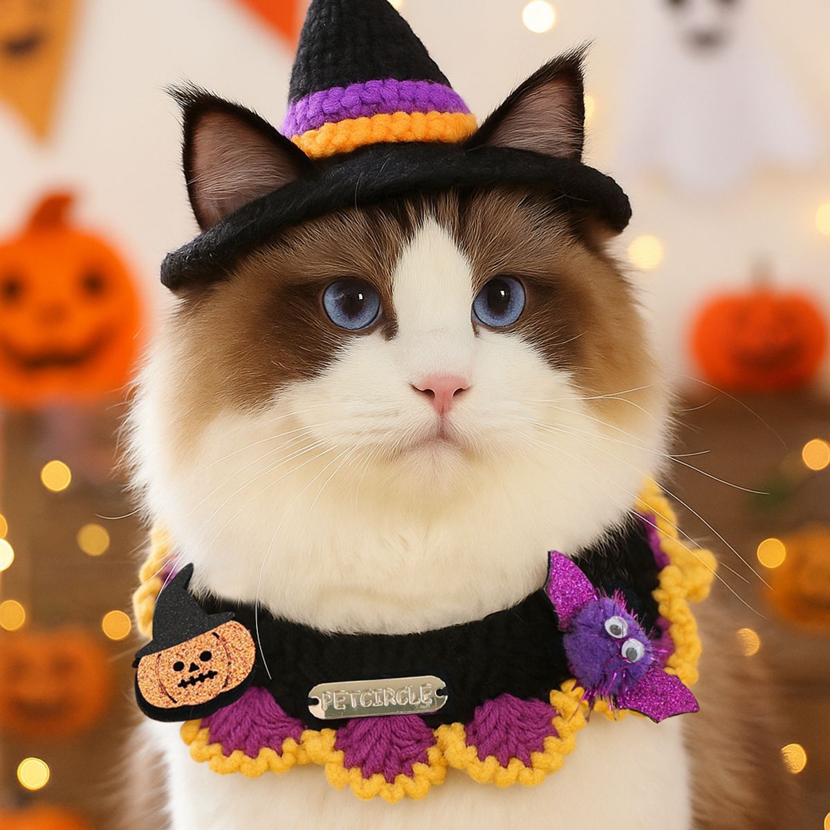 Halloween Knitted Pet Scarf – Pumpkin, Ghost & Spider