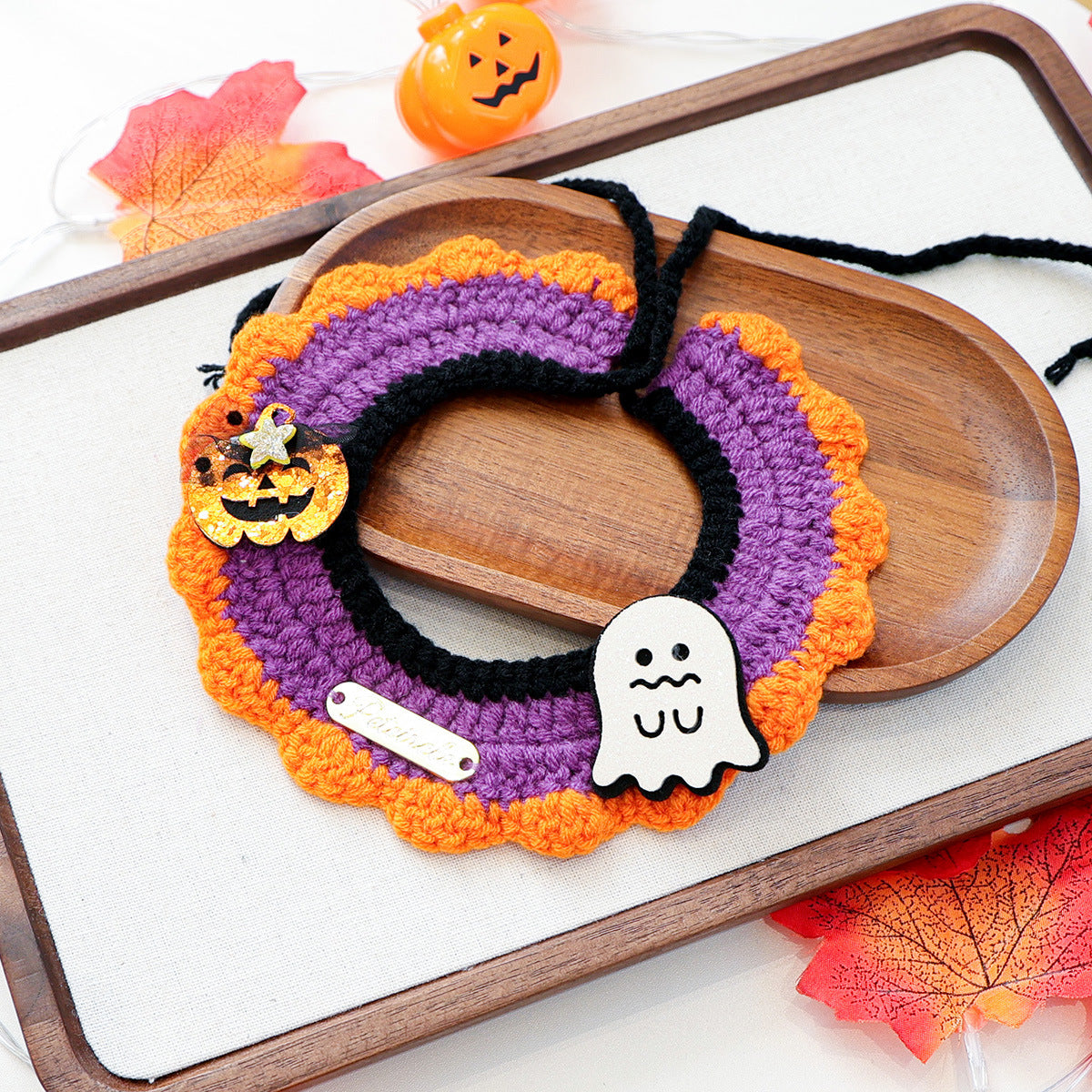 Halloween Knitted Pet Scarf – Pumpkin, Ghost & Spider
