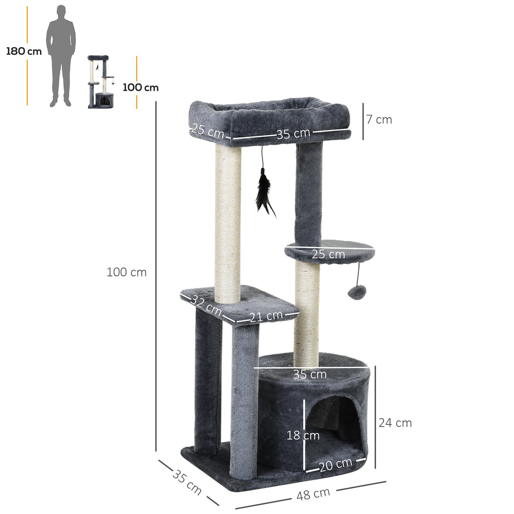 Cat Tree with Natural Sisal Scratching Posts, Activity Centre, Cat House, Platforms & 2 Hanging Toys – Grey 🐾