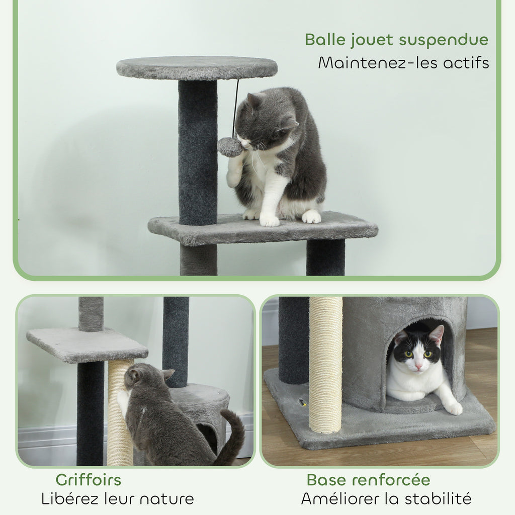 103 cm Cat Tree with Platforms, Plush Hideaway & Sisal Scratching Posts – Grey