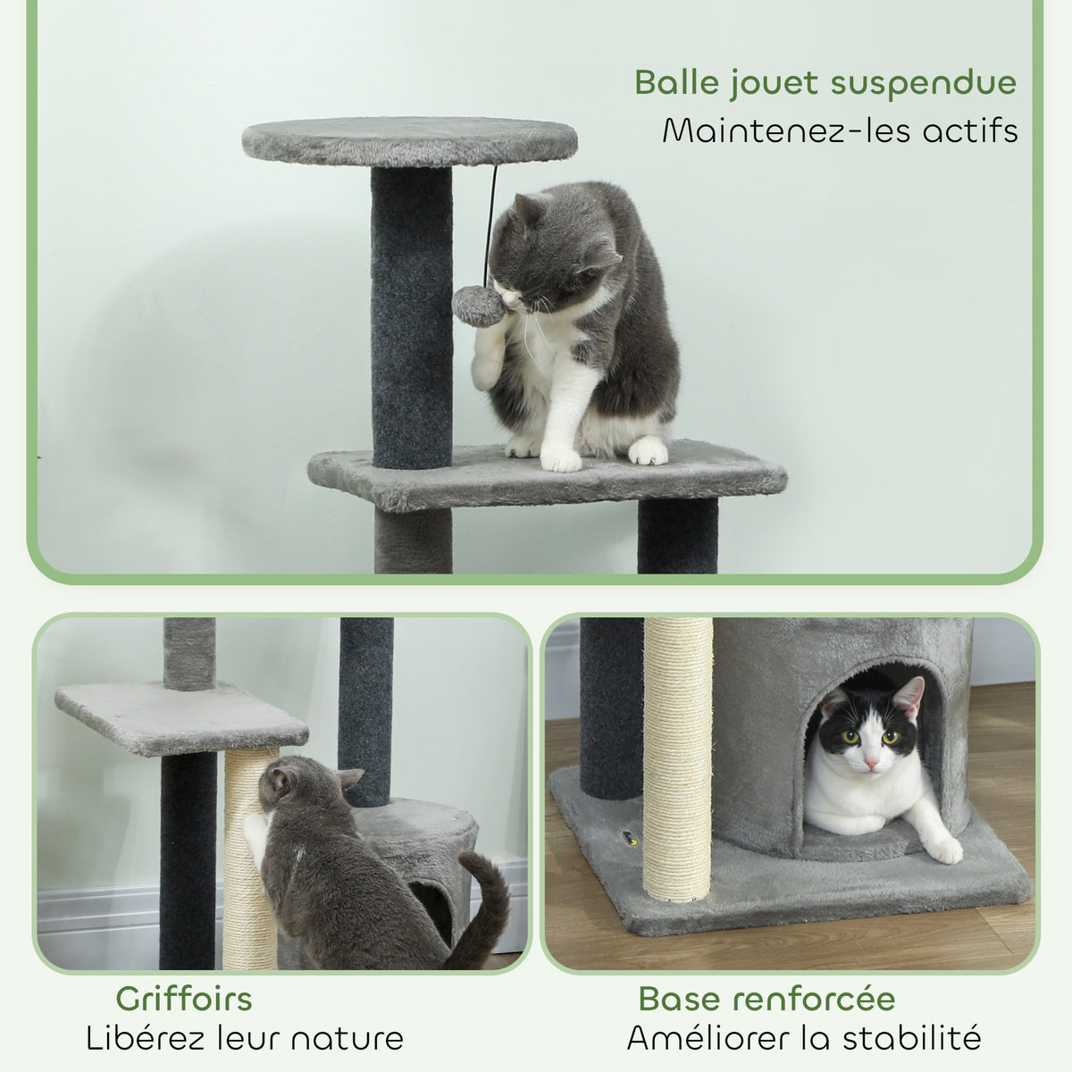 103 cm Cat Tree with Platforms, Plush Hideaway & Sisal Scratching Posts – Grey