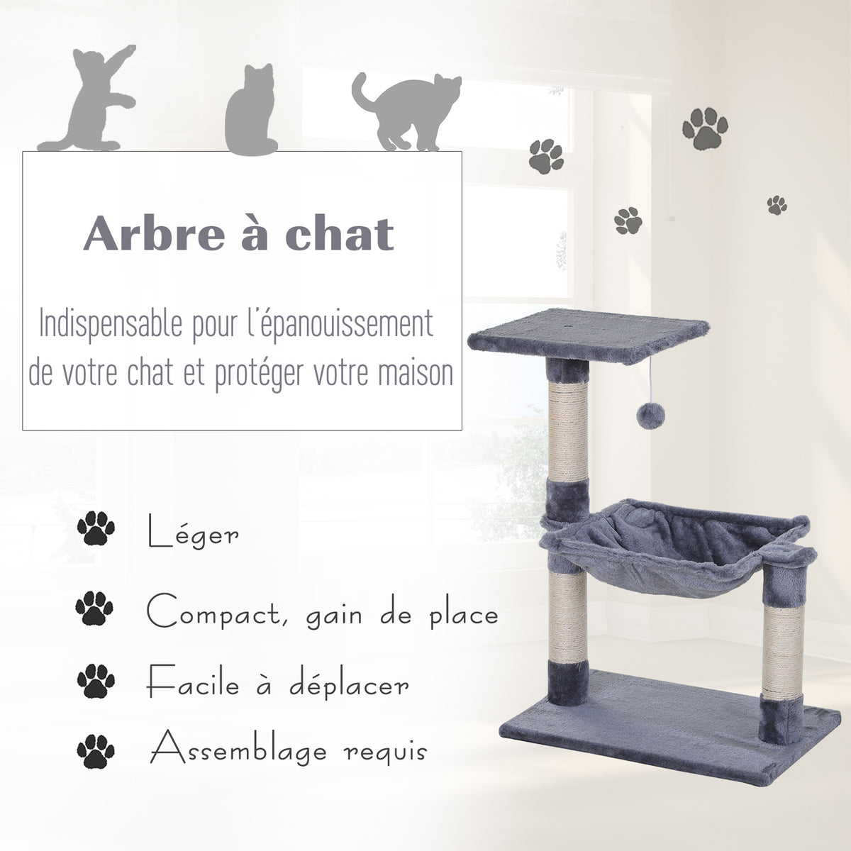 70 cm Cat Tree with 3 Natural Sisal Scratching Posts, Platform, Hammock & Hanging Ball – Grey