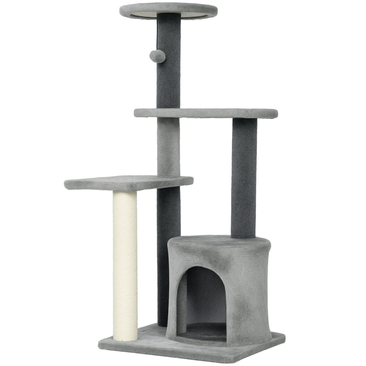 103 cm Cat Tree with Platforms, Plush Hideaway & Sisal Scratching Posts – Grey