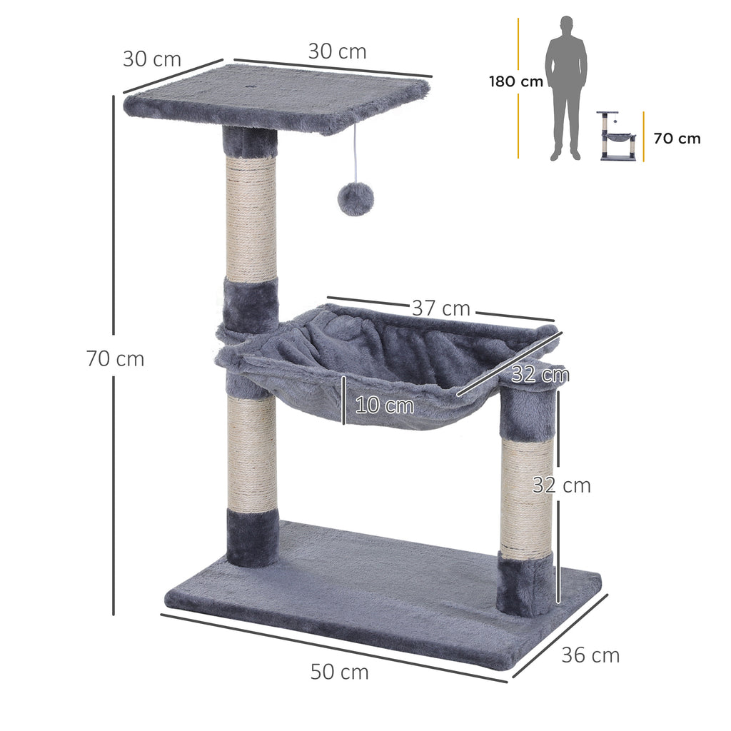 70 cm Cat Tree with 3 Natural Sisal Scratching Posts, Platform, Hammock & Hanging Ball – Grey