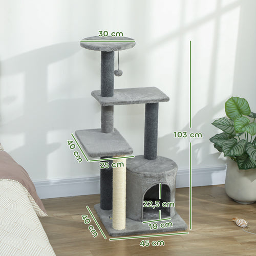 103 cm Cat Tree with Platforms, Plush Hideaway & Sisal Scratching Posts – Grey
