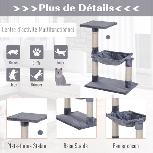 70 cm Cat Tree with 3 Natural Sisal Scratching Posts, Platform, Hammock & Hanging Ball – Grey
