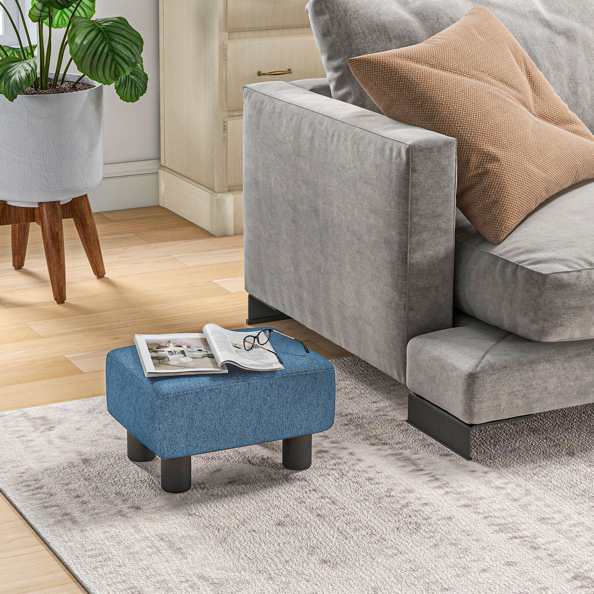 Pouf repose-pied tabouret bas en tissu de lin capacité de charge 110 Kg 40 x 30 x 24 cm bleu foncé