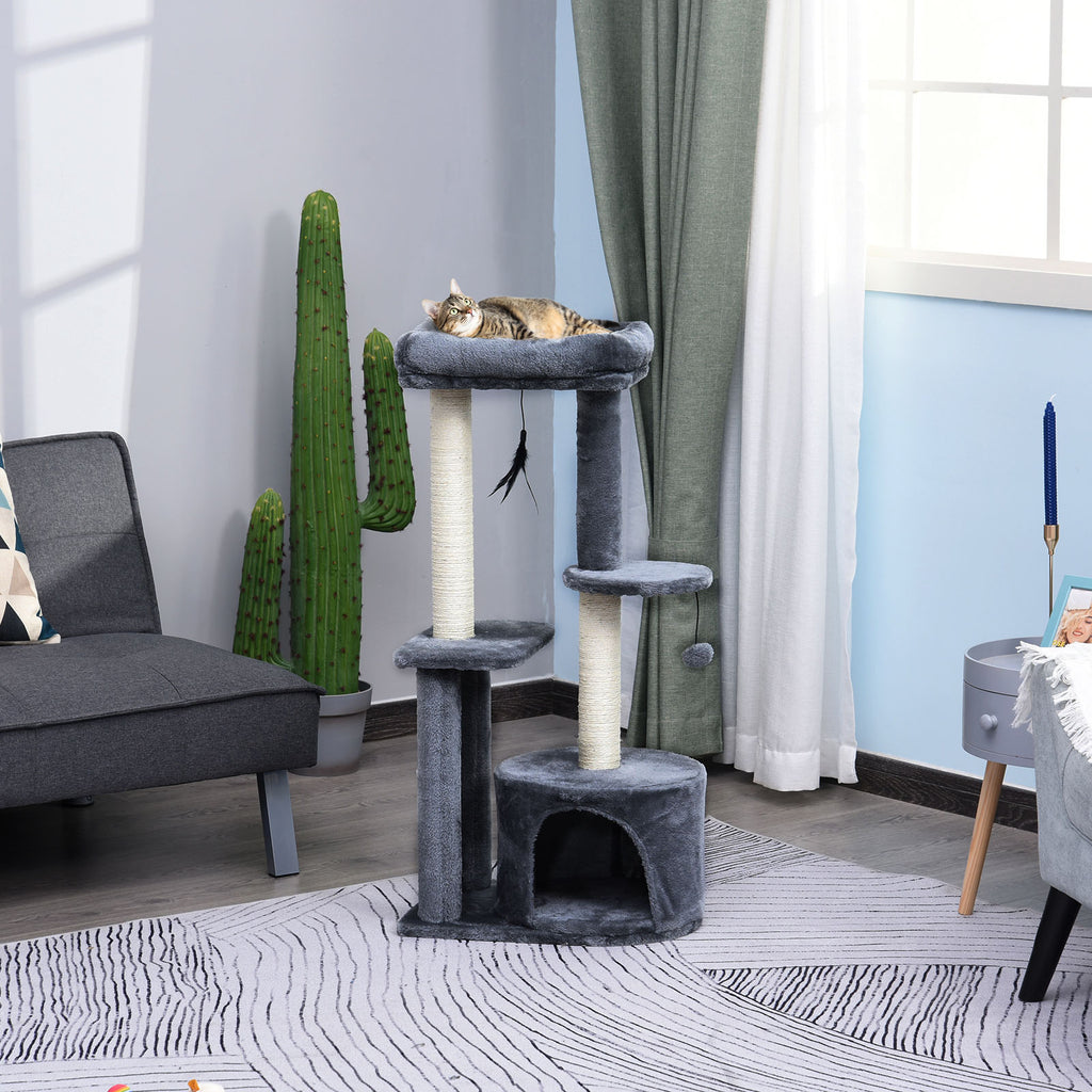 Cat Tree with Natural Sisal Scratching Posts, Activity Centre, Cat House, Platforms & 2 Hanging Toys – Grey 🐾