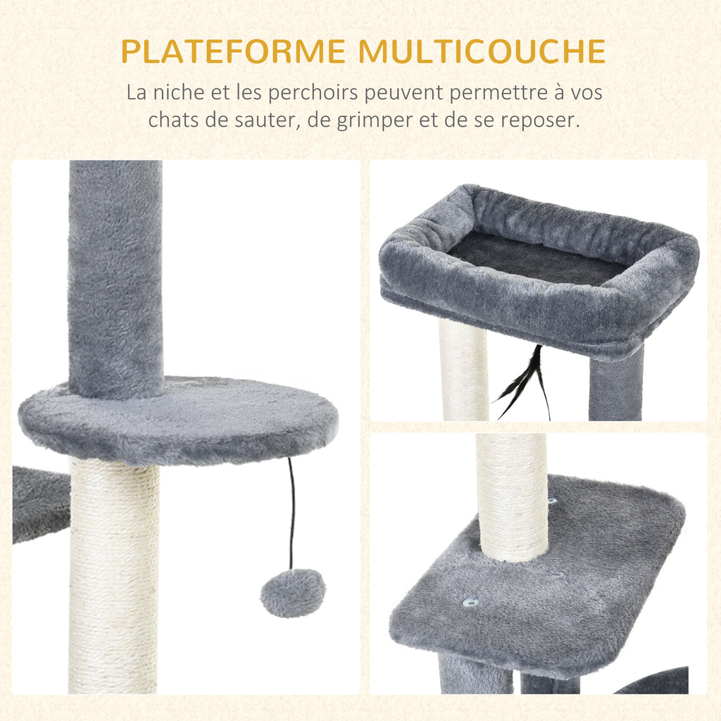 Cat Tree with Natural Sisal Scratching Posts, Activity Centre, Cat House, Platforms & 2 Hanging Toys – Grey 🐾