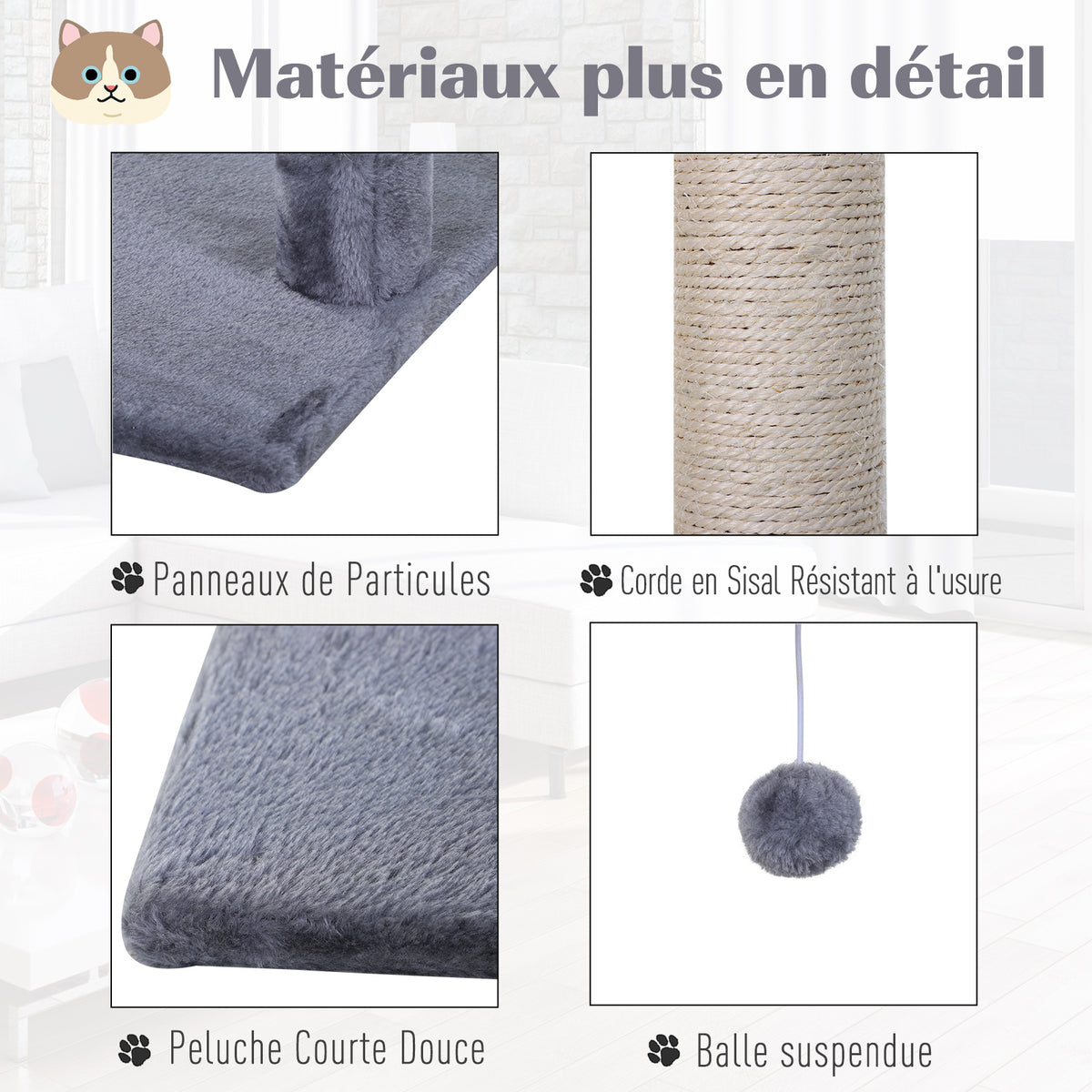 70 cm Cat Tree with 3 Natural Sisal Scratching Posts, Platform, Hammock & Hanging Ball – Grey