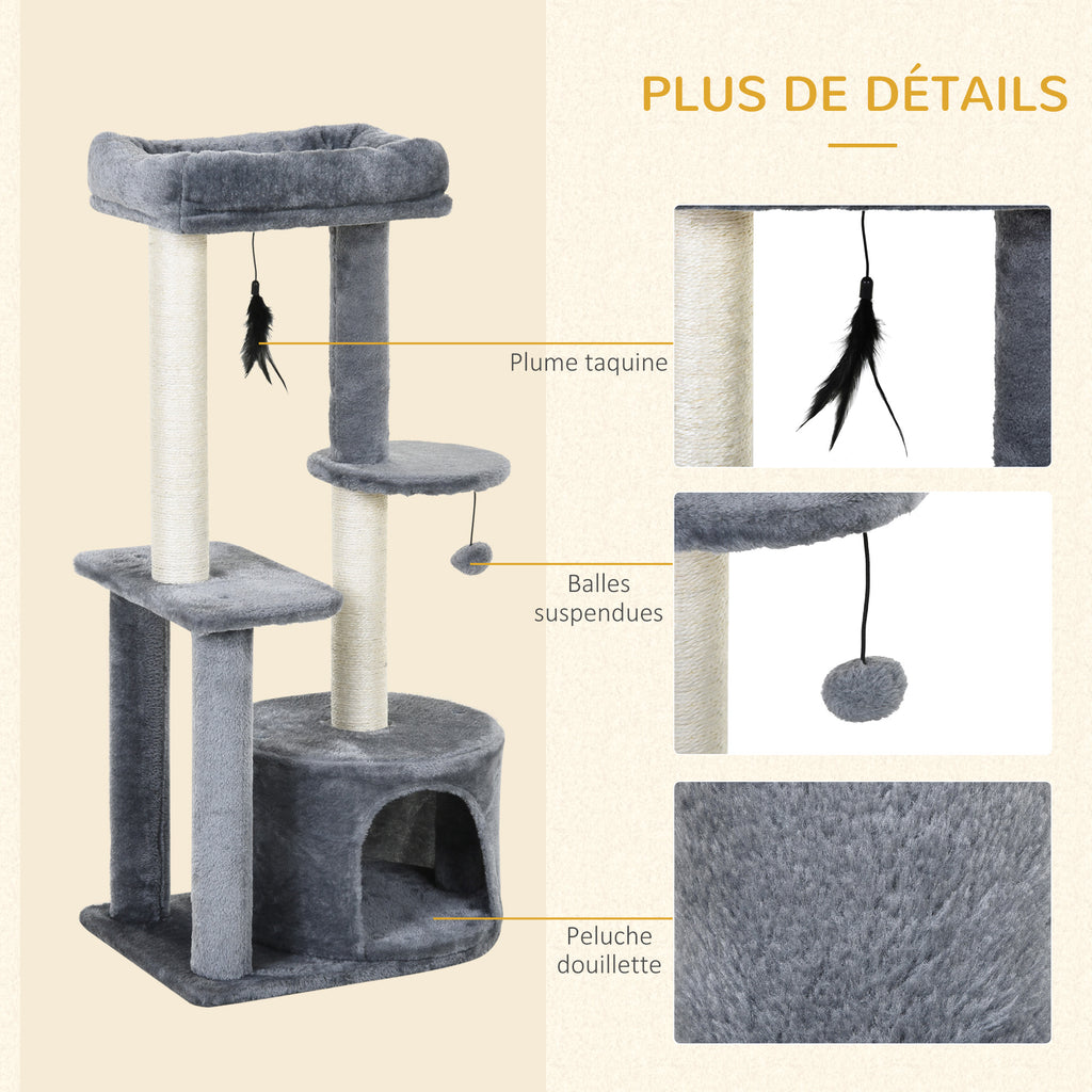 Cat Tree with Natural Sisal Scratching Posts, Activity Centre, Cat House, Platforms & 2 Hanging Toys – Grey 🐾