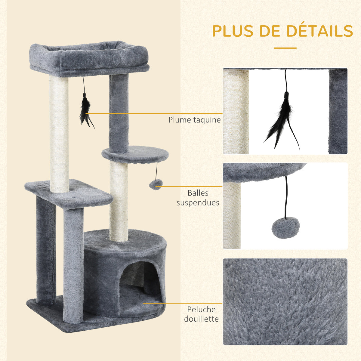 Cat Tree with Natural Sisal Scratching Posts, Activity Centre, Cat House, Platforms & 2 Hanging Toys – Grey 🐾