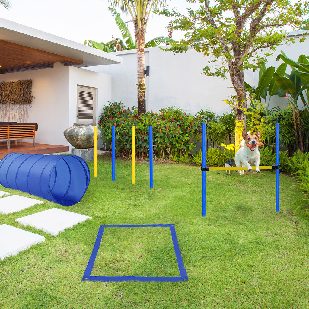 Dog Agility Training Set – Tunnel, Obstacles, Weave Poles & 2 Carry Bags – Blue/Yellow
