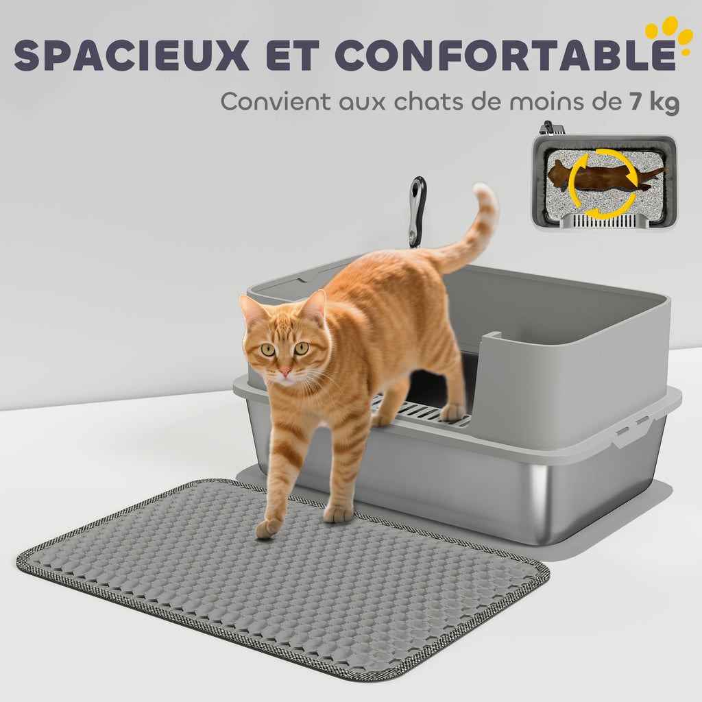 XL Stainless Steel Cat Litter Box for Large Cats – Easy Clean, 60.2 × 40.2 × 29.5 cm, Grey
