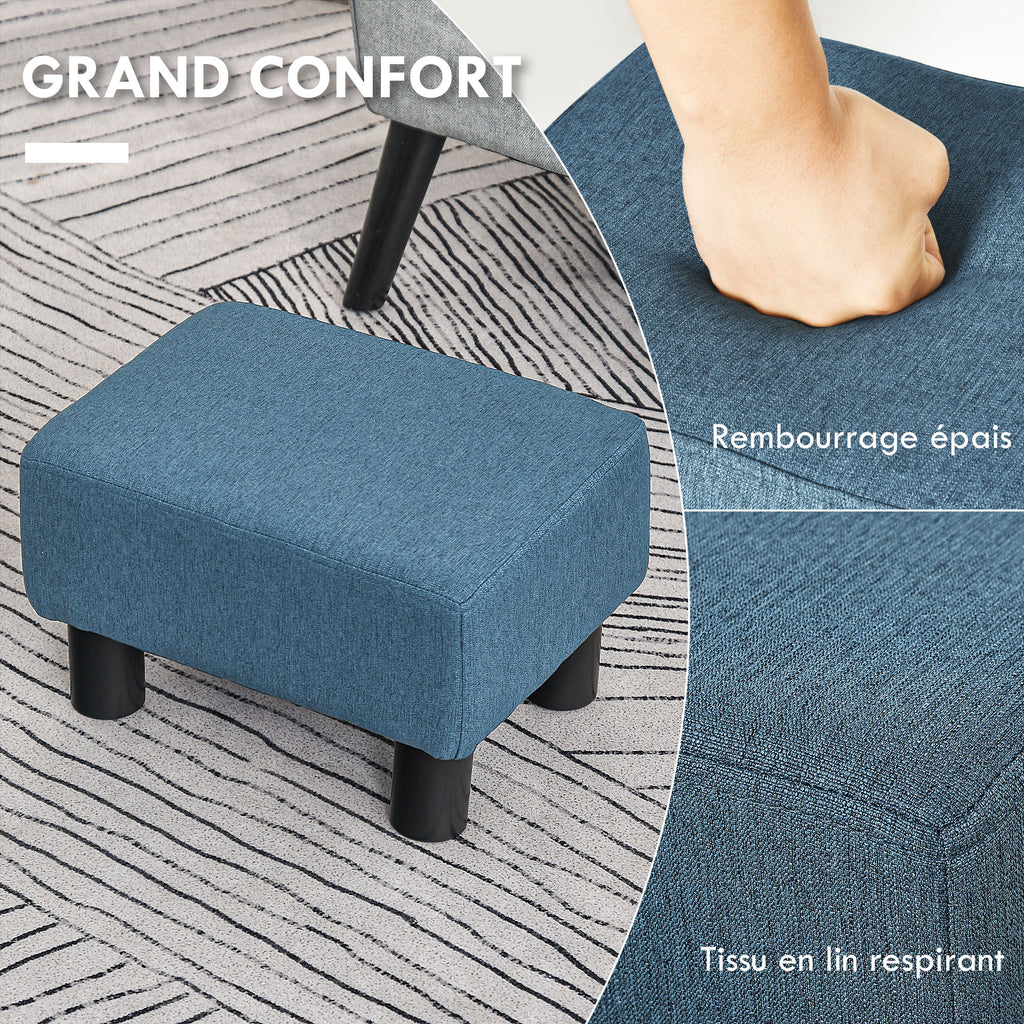 Pouf repose-pied tabouret bas en tissu de lin capacité de charge 110 Kg 40 x 30 x 24 cm bleu foncé