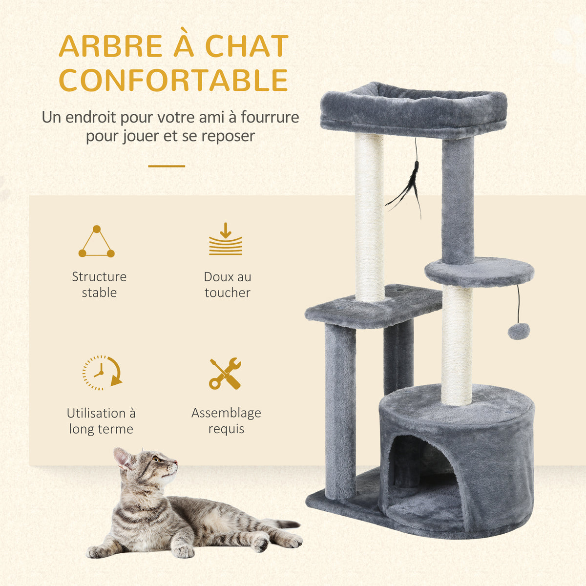 Cat Tree with Natural Sisal Scratching Posts, Activity Centre, Cat House, Platforms & 2 Hanging Toys – Grey 🐾