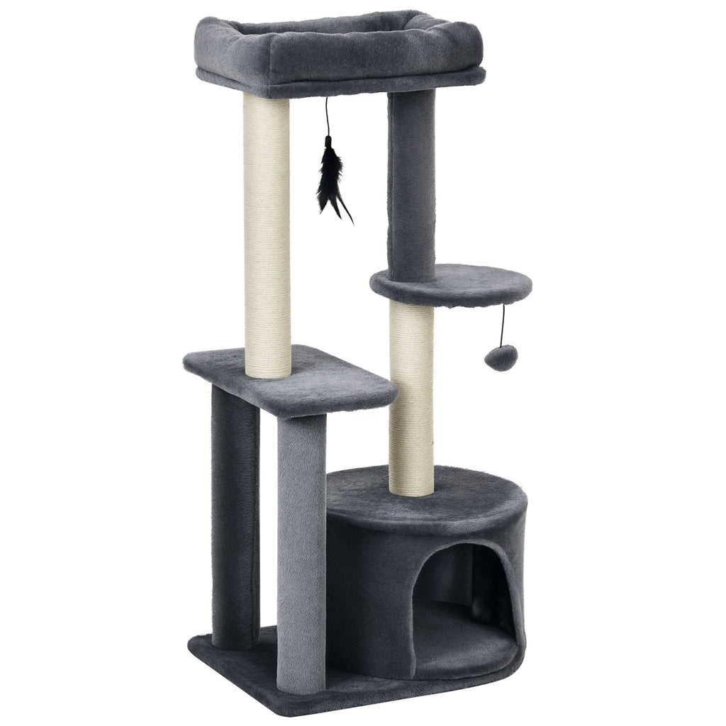 Cat Tree with Natural Sisal Scratching Posts, Activity Centre, Cat House, Platforms & 2 Hanging Toys – Grey 🐾
