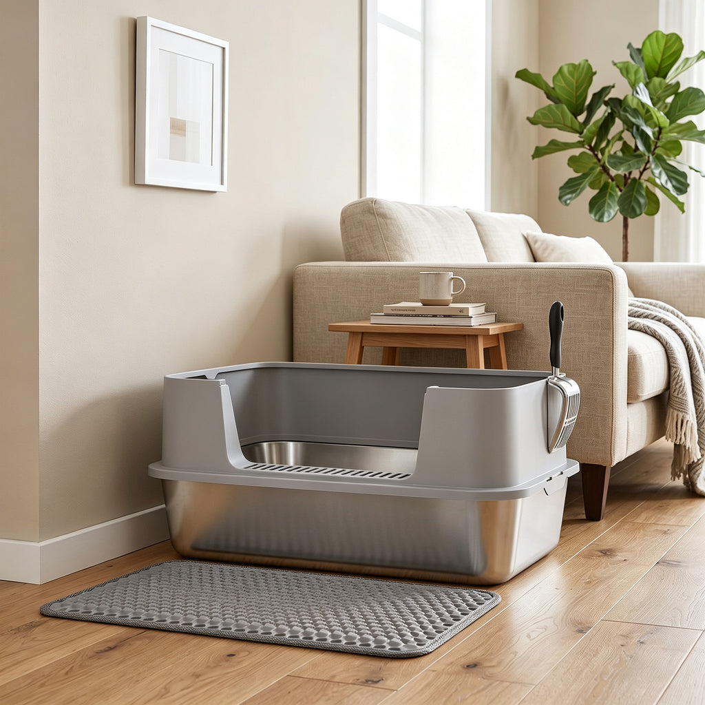 XL Stainless Steel Cat Litter Box for Large Cats – Easy Clean, 60.2 × 40.2 × 29.5 cm, Grey