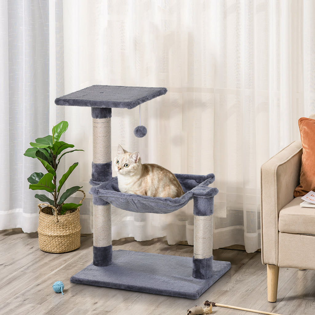 70 cm Cat Tree with 3 Natural Sisal Scratching Posts, Platform, Hammock & Hanging Ball – Grey
