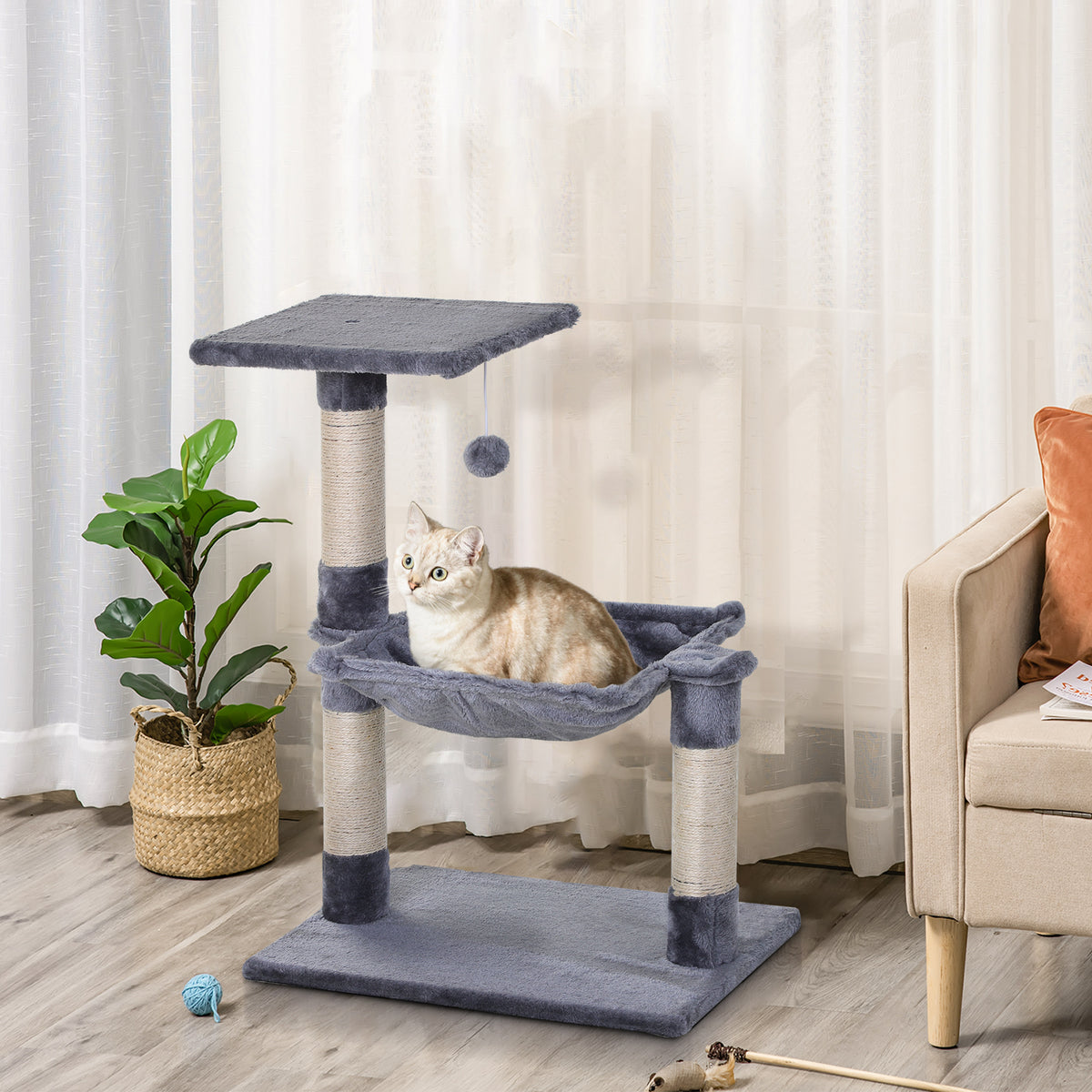 70 cm Cat Tree with 3 Natural Sisal Scratching Posts, Platform, Hammock & Hanging Ball – Grey