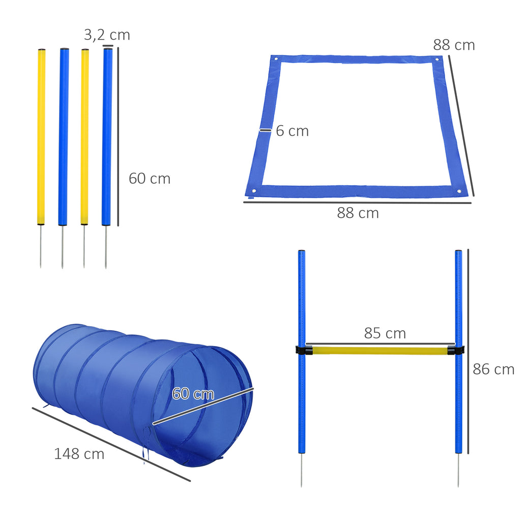 Dog Agility Training Set – Tunnel, Obstacles, Weave Poles & 2 Carry Bags – Blue/Yellow