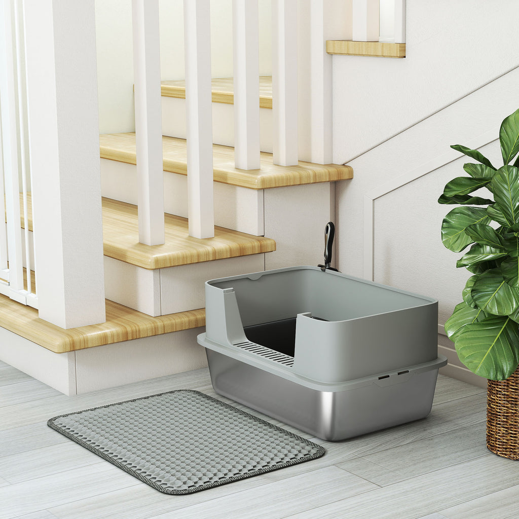 XL Stainless Steel Cat Litter Box for Large Cats – Easy Clean, 60.2 × 40.2 × 29.5 cm, Grey