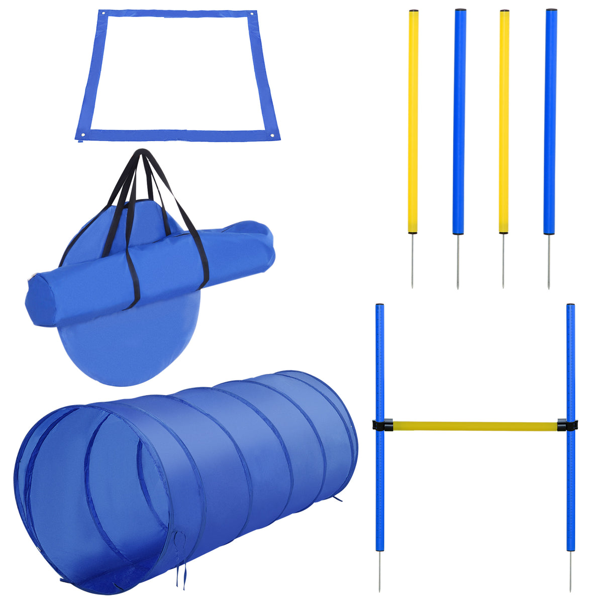Dog Agility Training Set – Tunnel, Obstacles, Weave Poles & 2 Carry Bags – Blue/Yellow